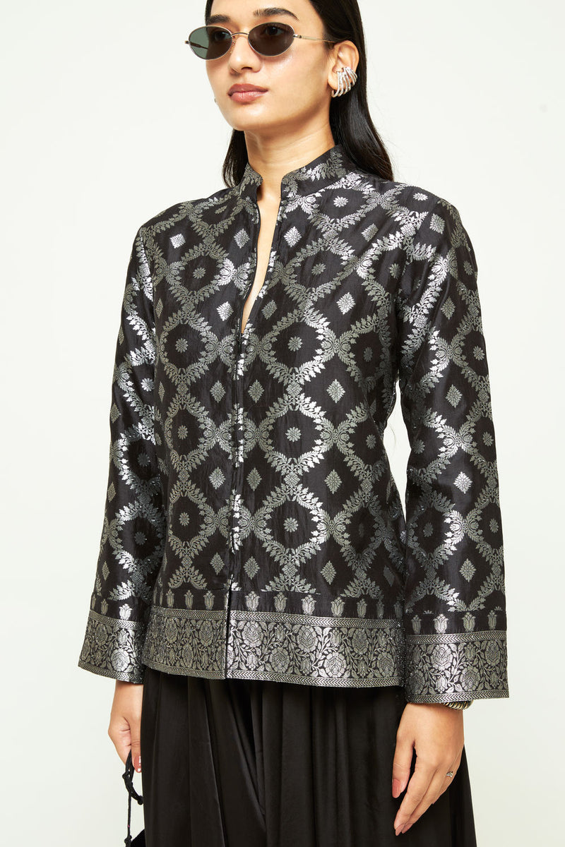 Suki-Geometric Brocade Jacket Set-Black silk, modal satin indo-western by SOBARIKO in black for women Worldwide