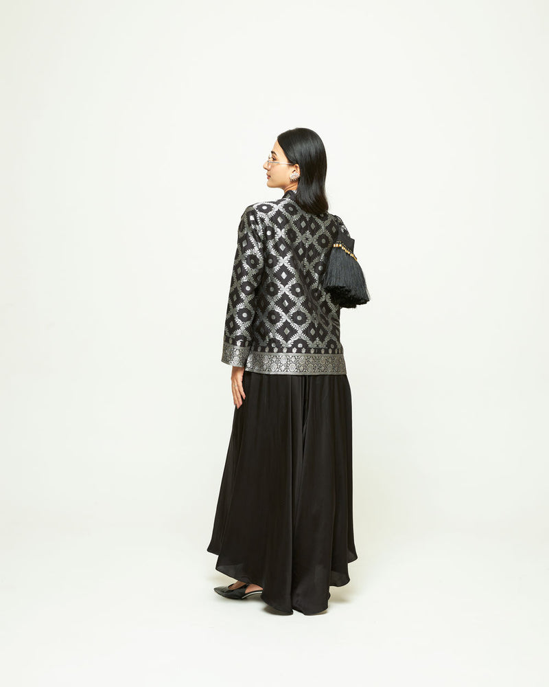 Suki-Geometric Brocade Jacket Set-Black silk, modal satin indo-western by SOBARIKO in black for women Worldwide