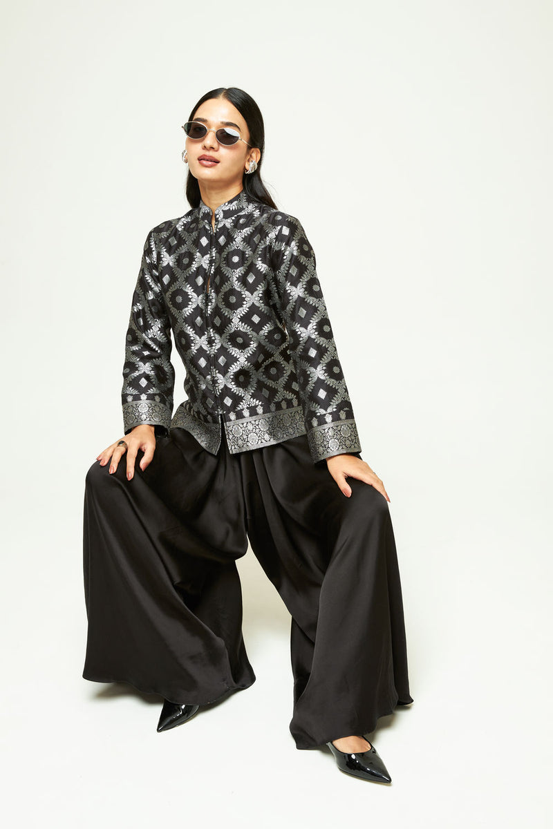 Suki-Geometric Brocade Jacket Set-Black silk, modal satin indo-western by SOBARIKO in black for women Worldwide