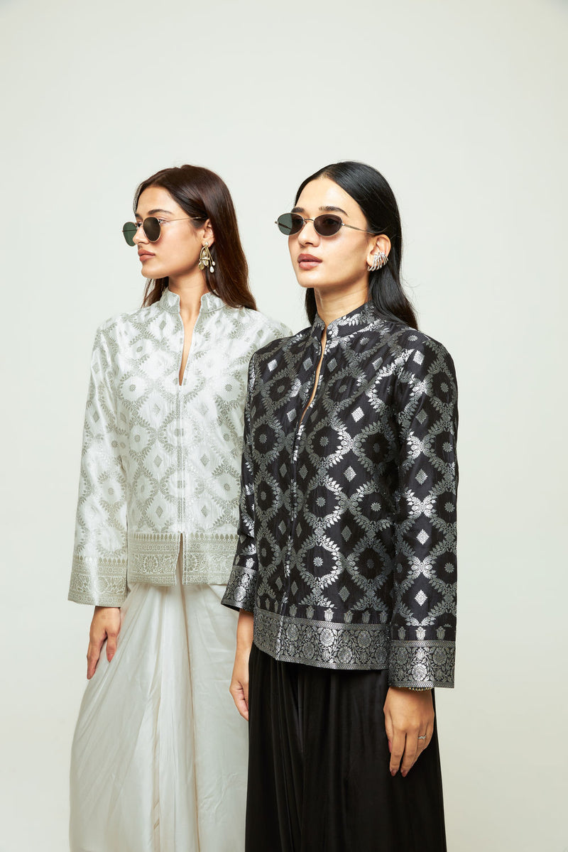 Suki-Geometric Brocade Jacket Set-Ivory silk, modal satin indo-western by SOBARIKO in ivory for women Worldwide