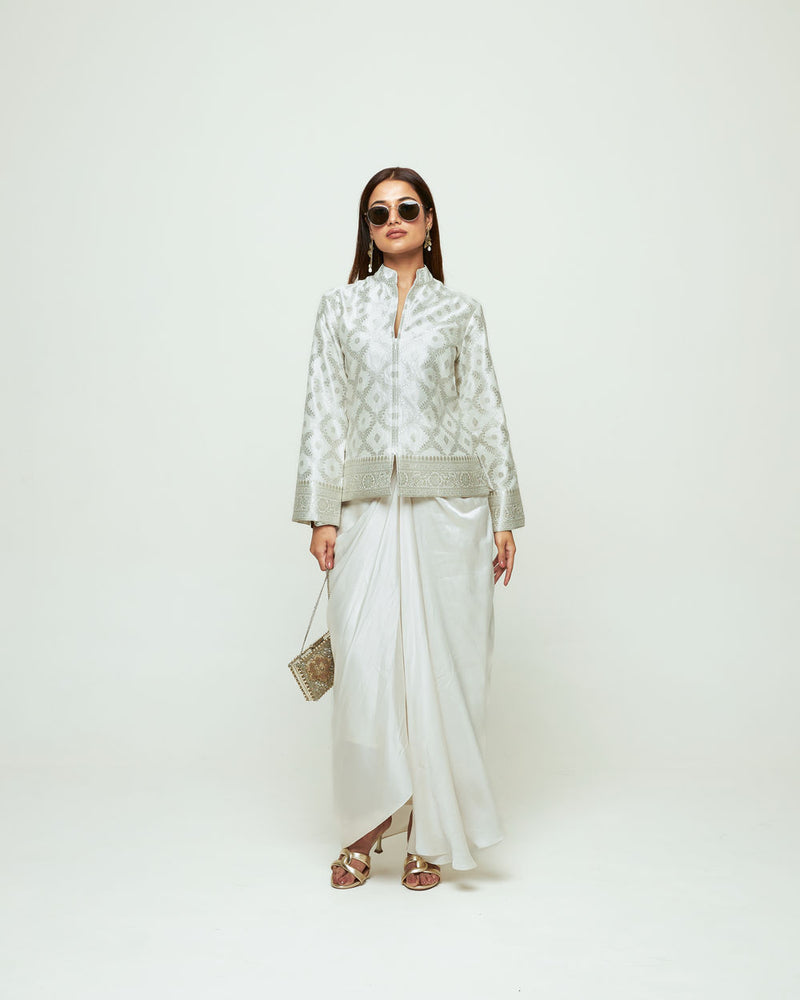 Suki-Geometric Brocade Jacket Set-Ivory silk, modal satin indo-western by SOBARIKO in ivory for women Worldwide