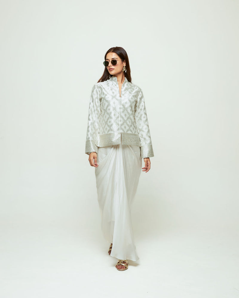 Suki-Geometric Brocade Jacket Set-Ivory silk, modal satin indo-western by SOBARIKO in ivory for women Worldwide