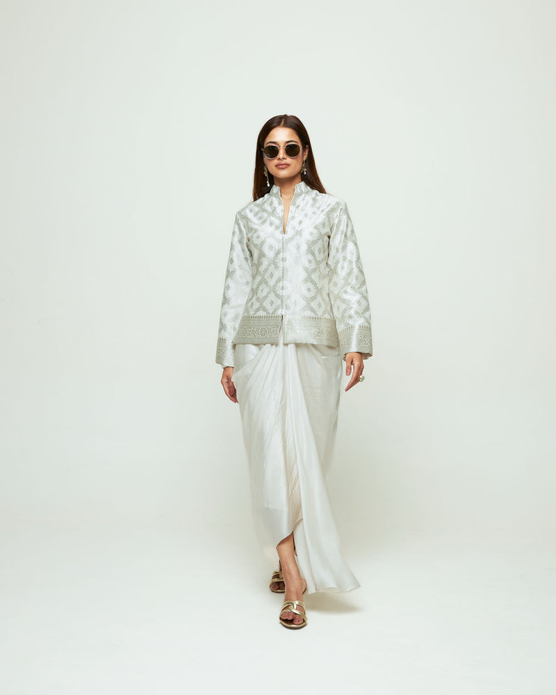 Suki-Geometric Brocade Jacket Set-Ivory silk, modal satin indo-western by SOBARIKO in ivory for women Worldwide