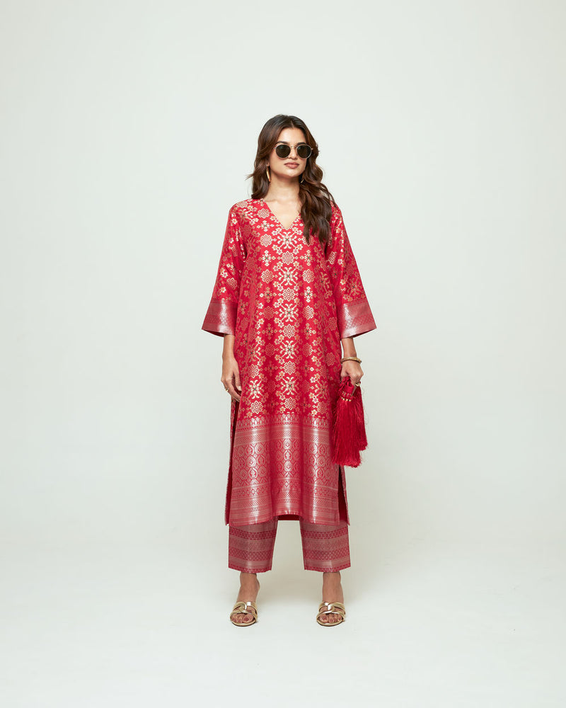 Meena-Red Brocade Long Kurta Set silk, organza kurta/kurta set by SOBARIKO in red for women Worldwide