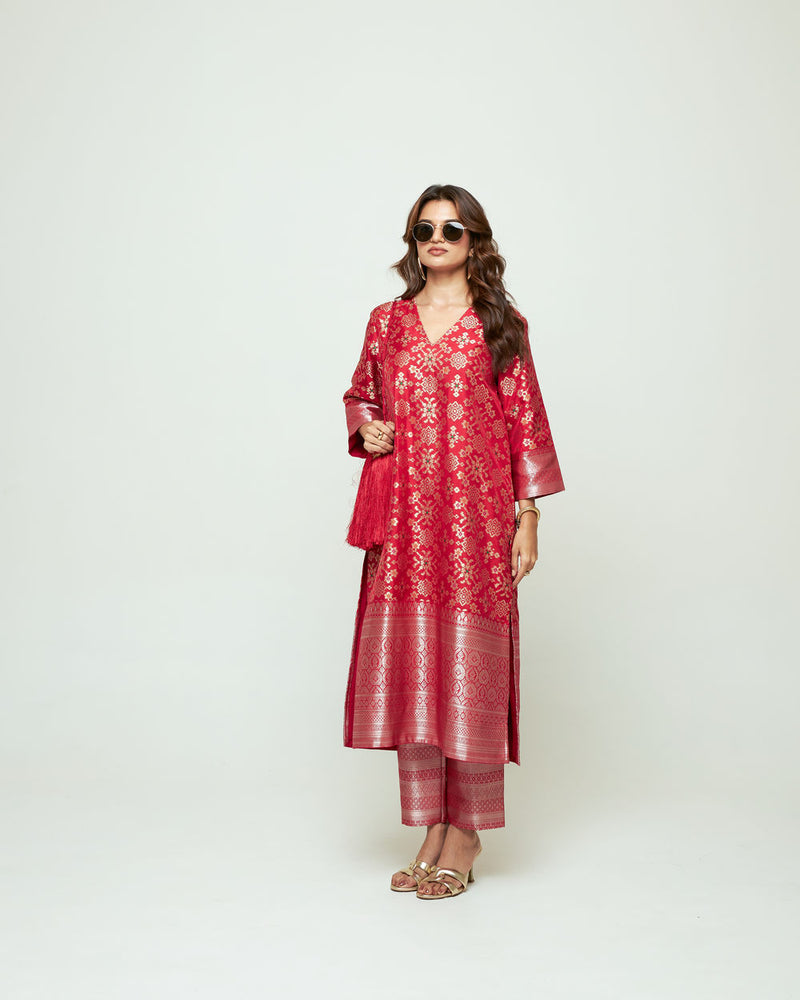 Meena-Red Brocade Long Kurta Set silk, organza kurta/kurta set by SOBARIKO in red for women Worldwide