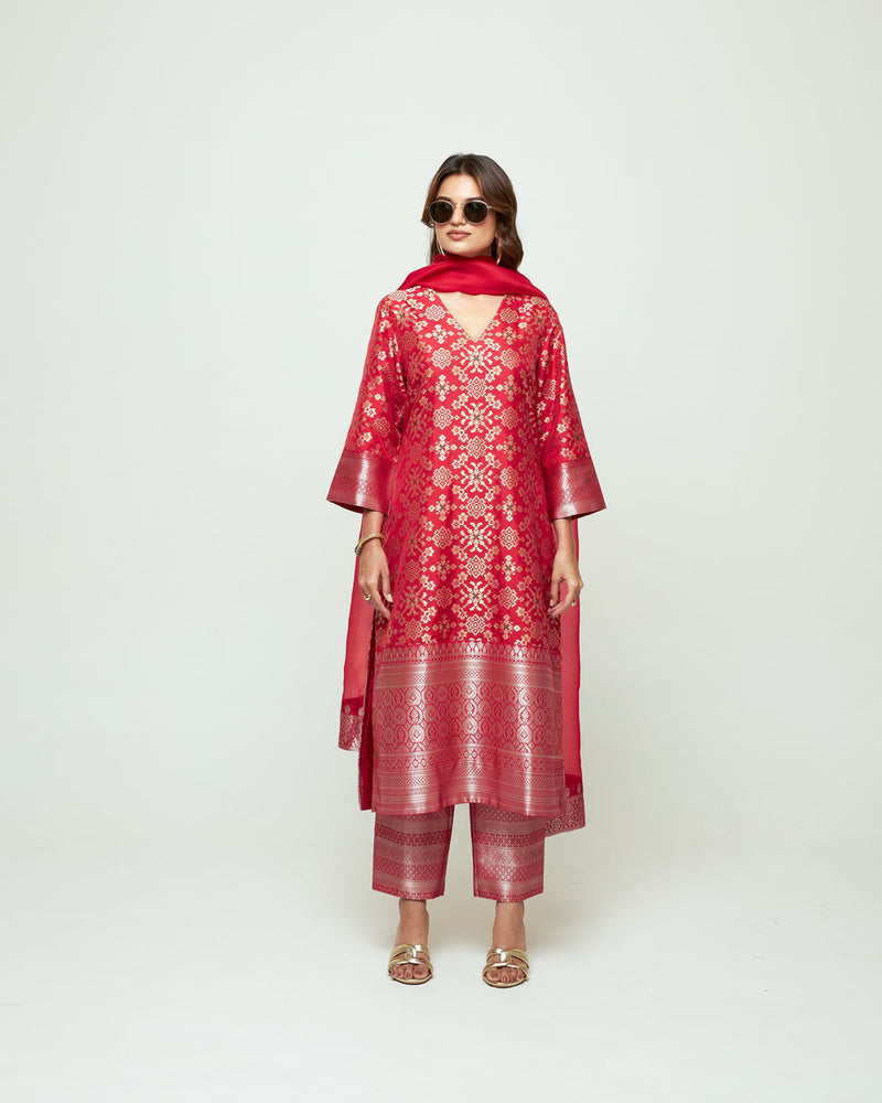 Meena-Red Brocade Long Kurta Set silk, organza kurta/kurta set by SOBARIKO in red for women Worldwide
