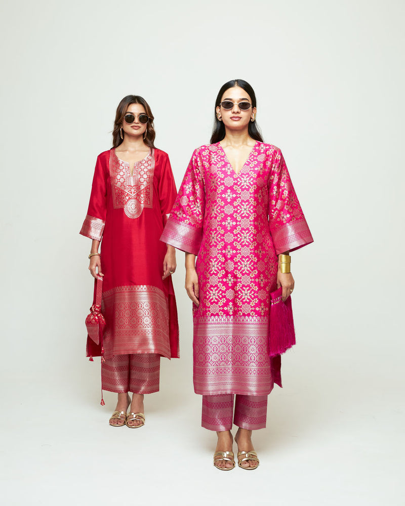 Meena-Pink Brocade Kurta Set silk, organza kurta/kurta set by SOBARIKO in pink for women Worldwide