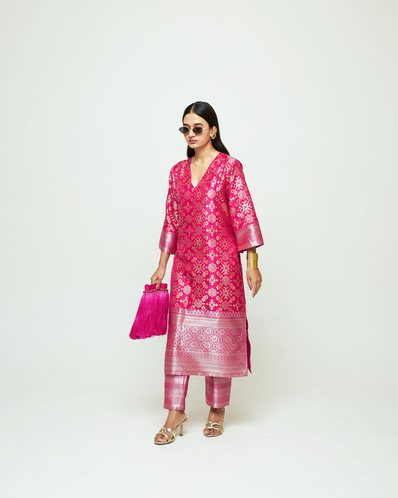 Meena-Pink Brocade Kurta Set silk, organza kurta/kurta set by SOBARIKO in pink for women Worldwide