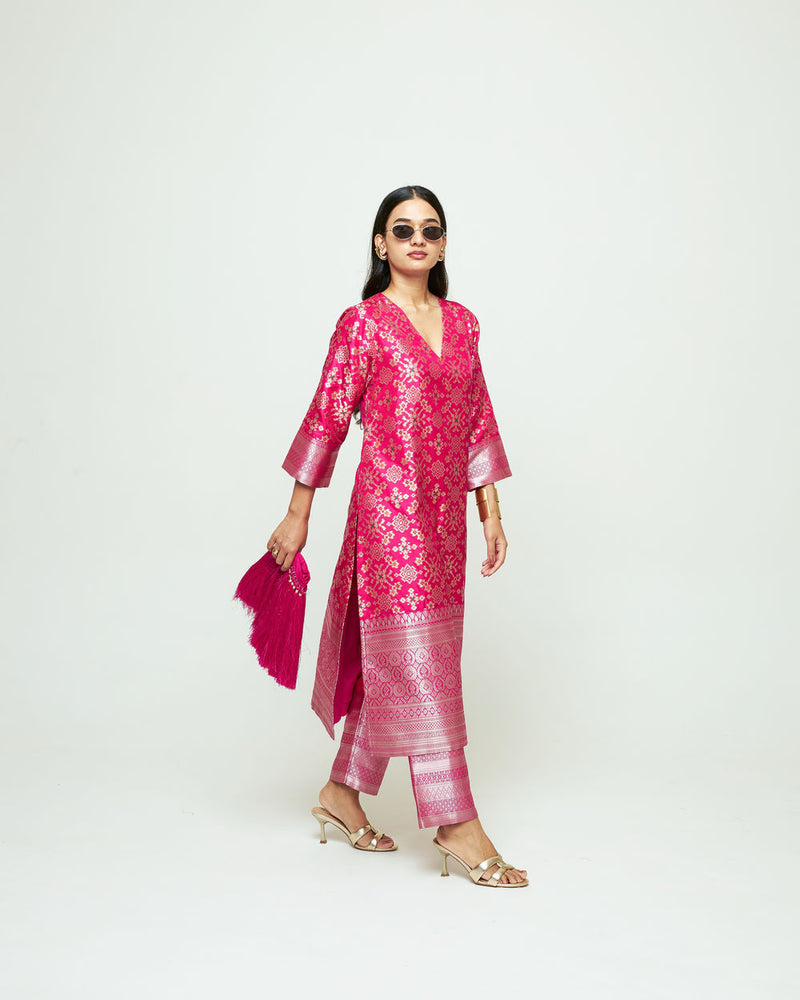 Meena-Pink Brocade Kurta Set silk, organza kurta/kurta set by SOBARIKO in pink for women Worldwide