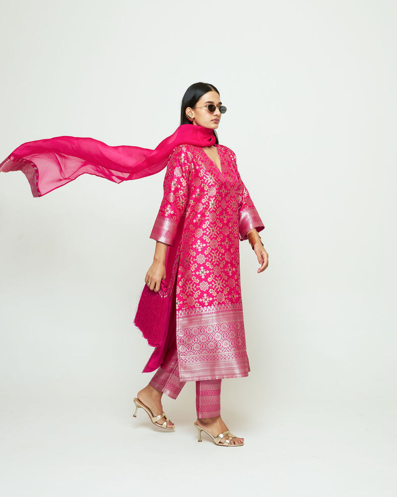 Meena-Pink Brocade Kurta Set silk, organza kurta/kurta set by SOBARIKO in pink for women Worldwide