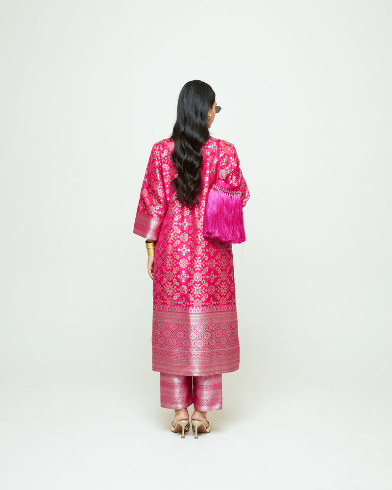 Meena-Pink Brocade Kurta Set silk, organza kurta/kurta set by SOBARIKO in pink for women Worldwide