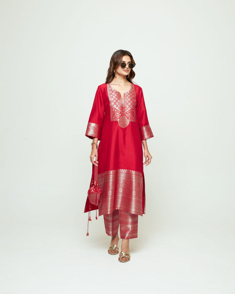 Meher Red Tunic Set silk ,organza kurta/kurta set by SOBARIKO in red for women Worldwide