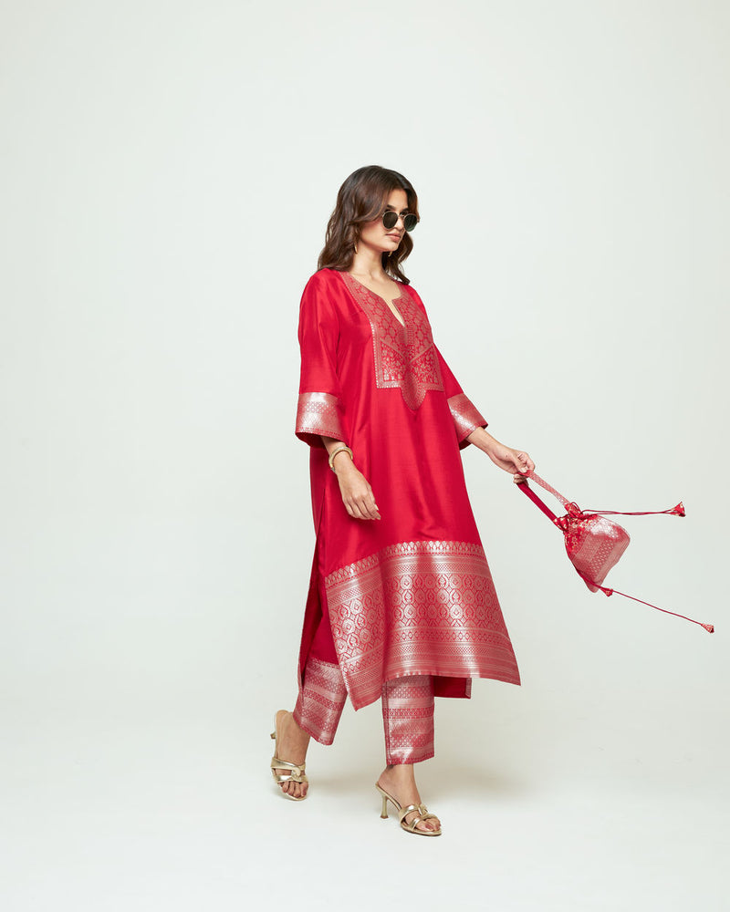 Meher Red Tunic Set silk ,organza kurta/kurta set by SOBARIKO in red for women Worldwide