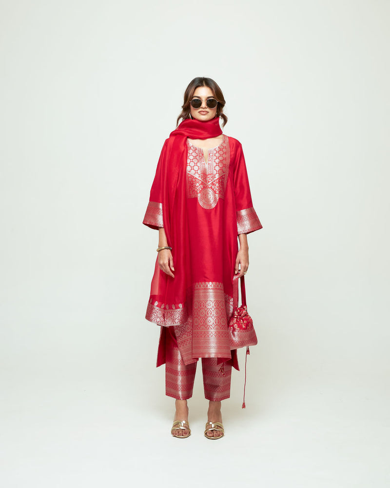 Meher Red Tunic Set silk ,organza kurta/kurta set by SOBARIKO in red for women Worldwide