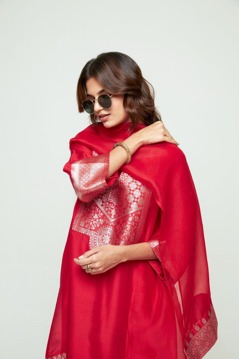 Meher Red Tunic Set silk ,organza kurta/kurta set by SOBARIKO in red for women Worldwide