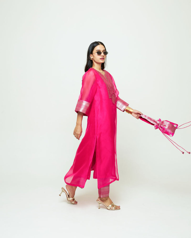 Mehar Pink Organza Tunic Set organza, silk kurta/kurta set by SOBARIKO for women Worldwide