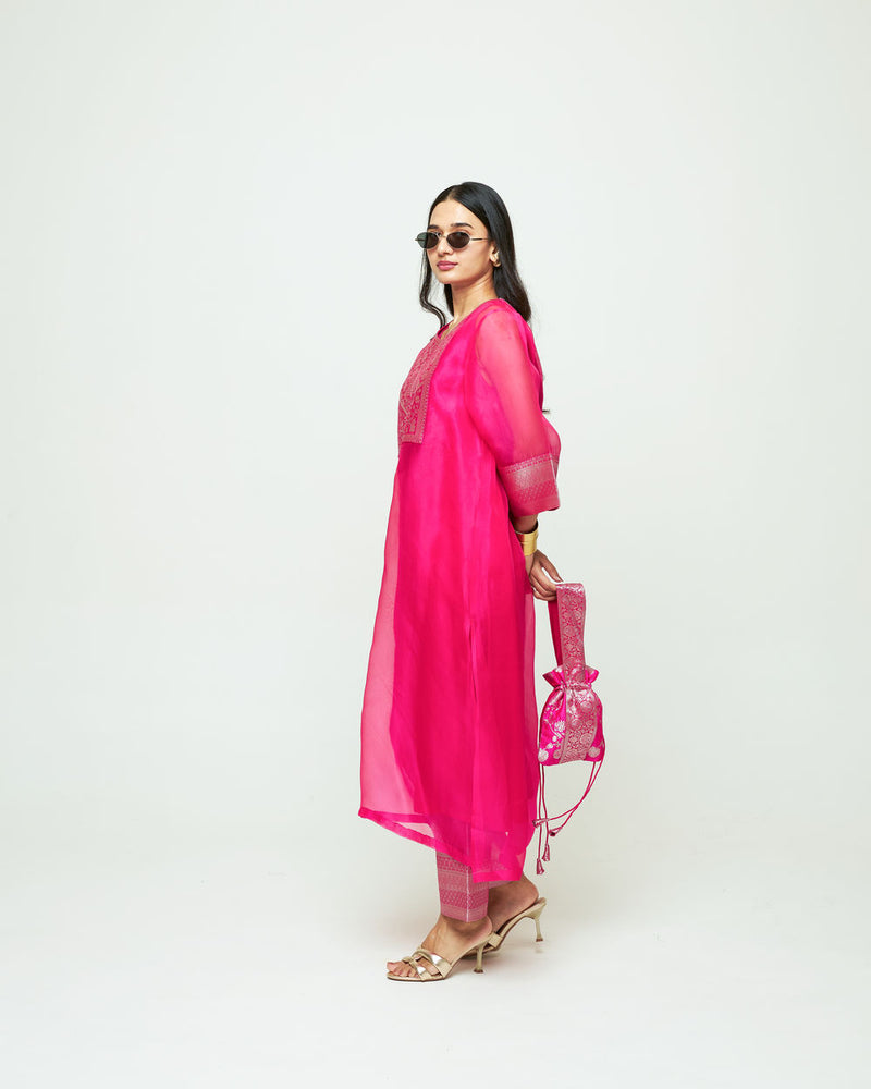 Mehar Pink Organza Tunic Set organza, silk kurta/kurta set by SOBARIKO for women Worldwide