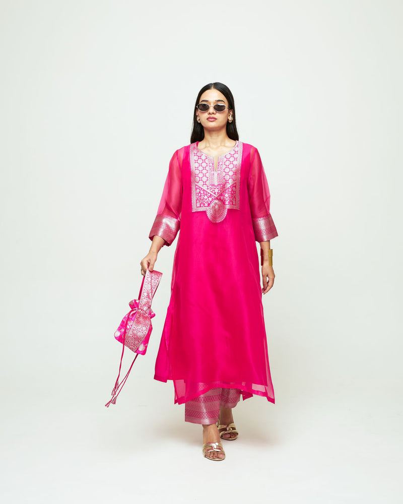 Mehar Pink Organza Tunic Set organza, silk kurta/kurta set by SOBARIKO for women Worldwide
