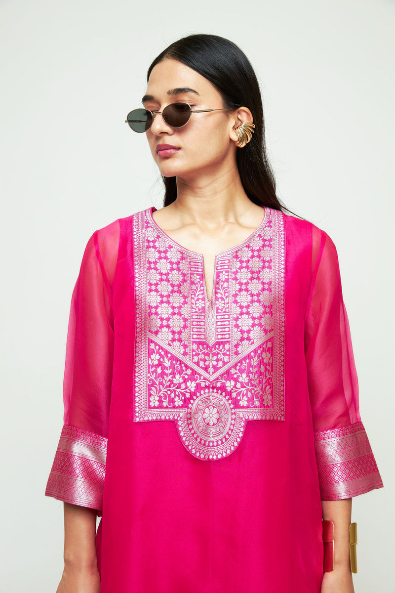 Mehar Pink Organza Tunic Set organza, silk kurta/kurta set by SOBARIKO for women Worldwide