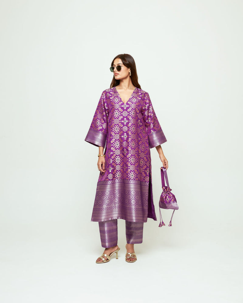 Meena-Purple Brocade Long Kurta Set silk, organza kurta/kurta set by SOBARIKO in purple for women Worldwide