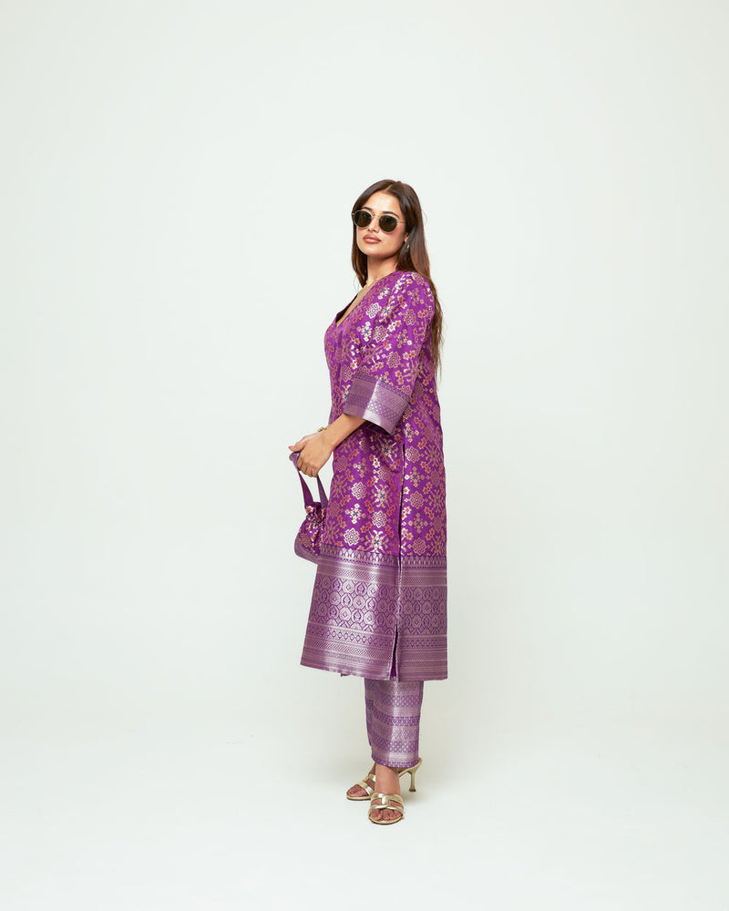 Meena-Purple Brocade Long Kurta Set silk, organza kurta/kurta set by SOBARIKO in purple for women Worldwide