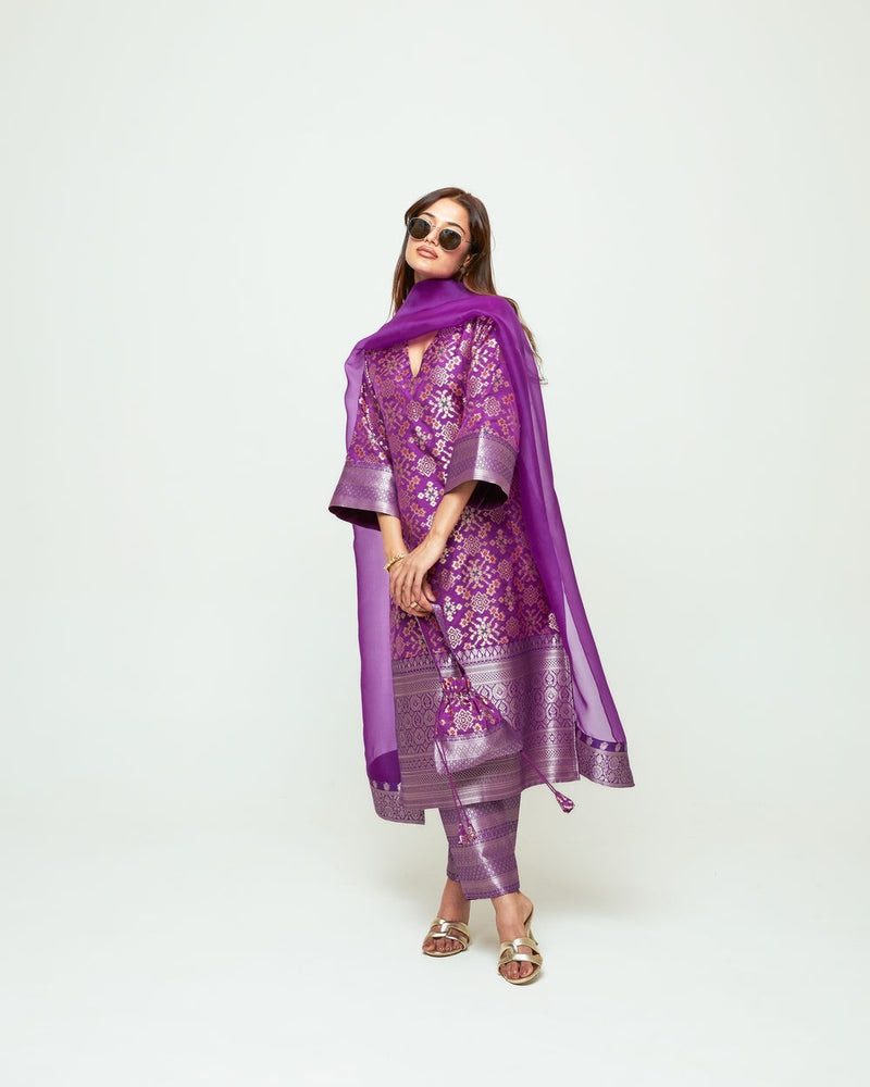 Meena-Purple Brocade Long Kurta Set silk, organza kurta/kurta set by SOBARIKO in purple for women Worldwide