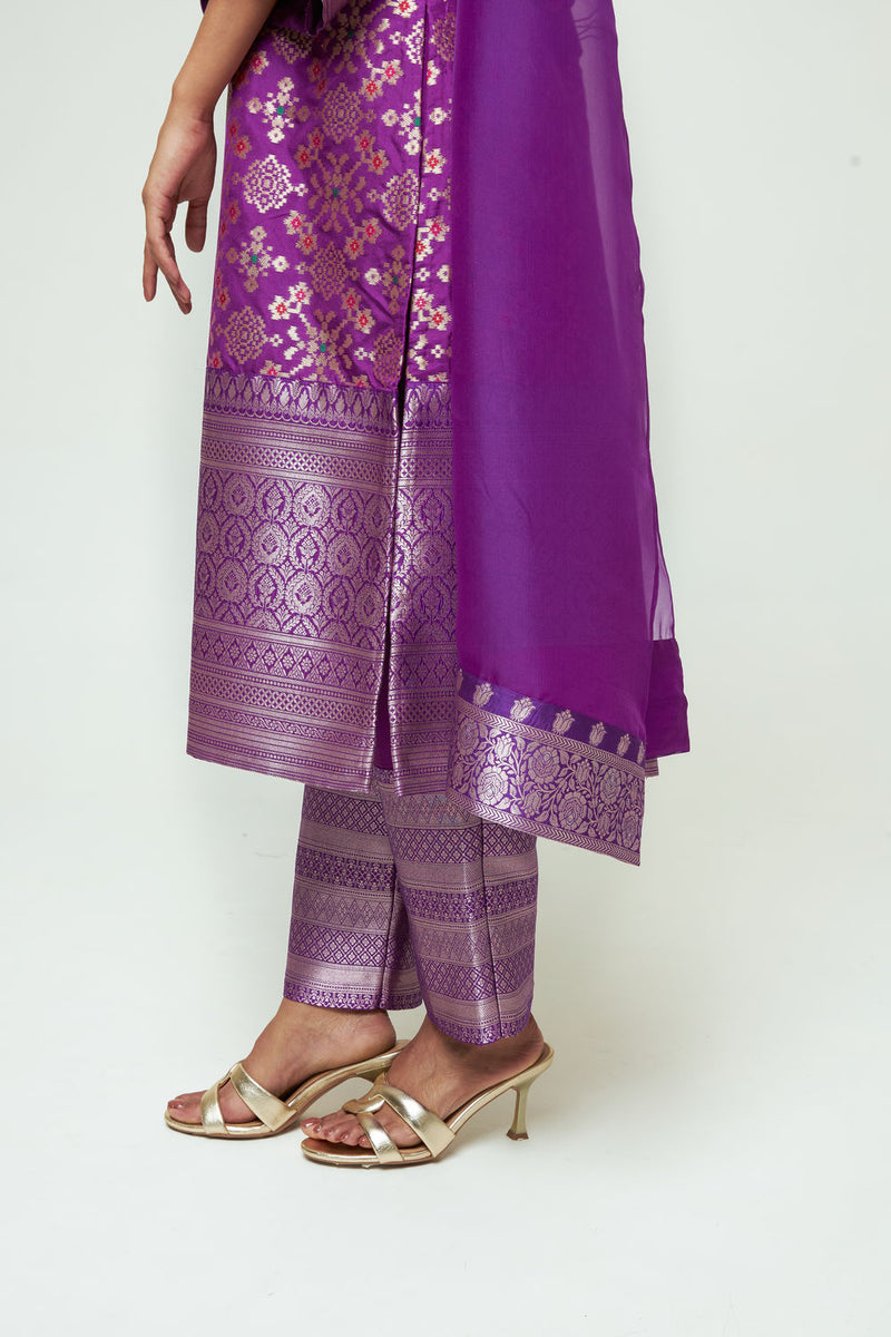Meena-Purple Brocade Long Kurta Set silk, organza kurta/kurta set by SOBARIKO in purple for women Worldwide