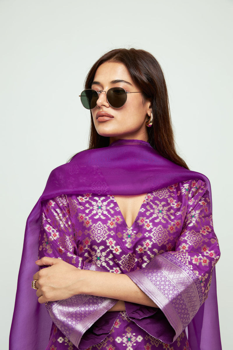 Meena-Purple Brocade Long Kurta Set silk, organza kurta/kurta set by SOBARIKO in purple for women Worldwide
