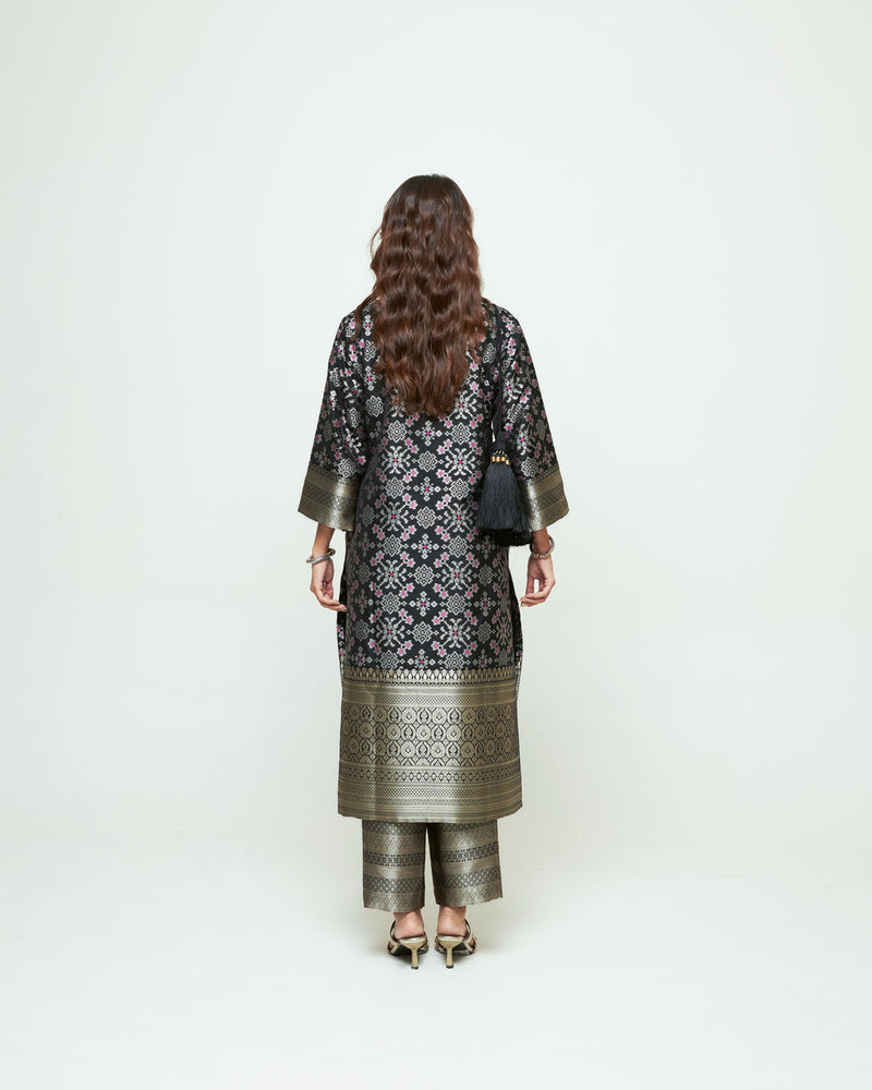 Meena-Black Brocade Long Kurta Set silk, organza kurta/kurta set by SOBARIKO in black for women Worldwide