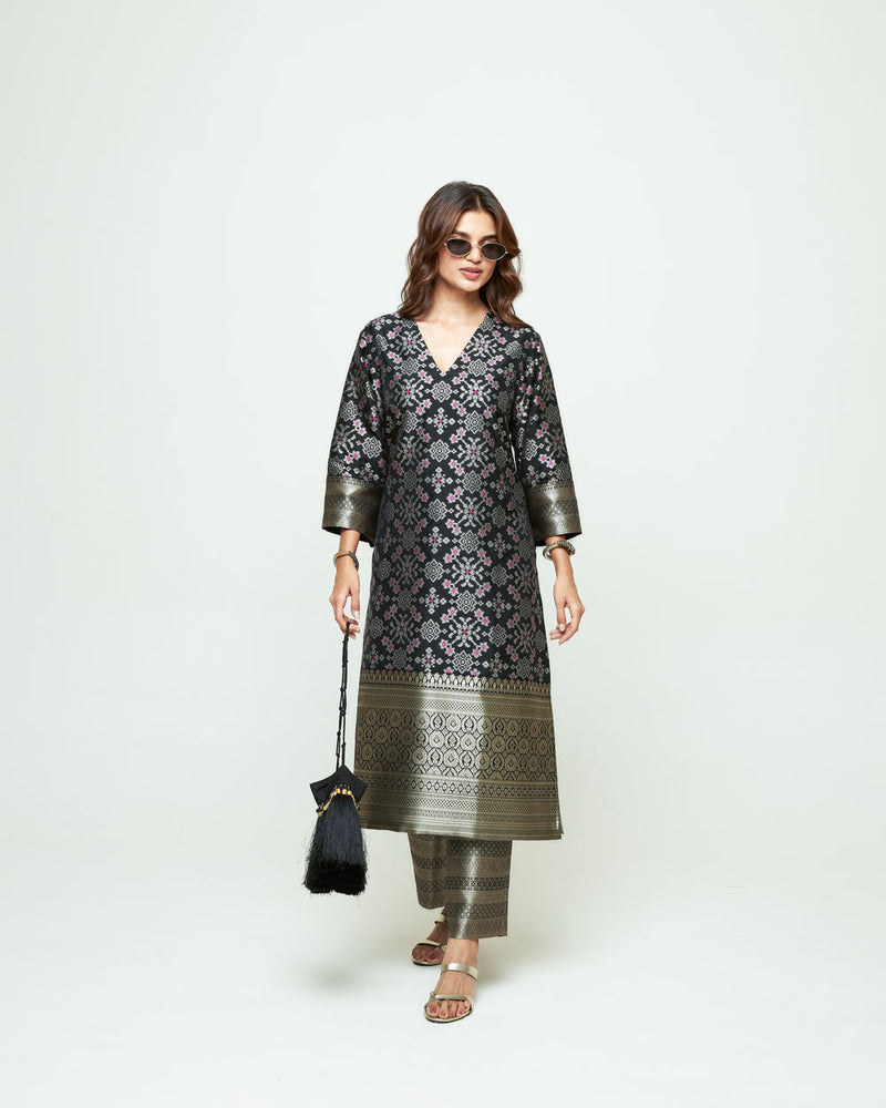 Meena-Black Brocade Long Kurta Set silk, organza kurta/kurta set by SOBARIKO in black for women Worldwide