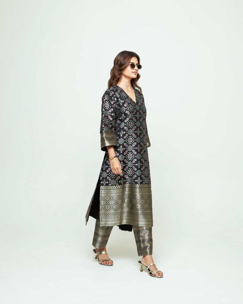 Meena-Black Brocade Long Kurta Set silk, organza kurta/kurta set by SOBARIKO in black for women Worldwide