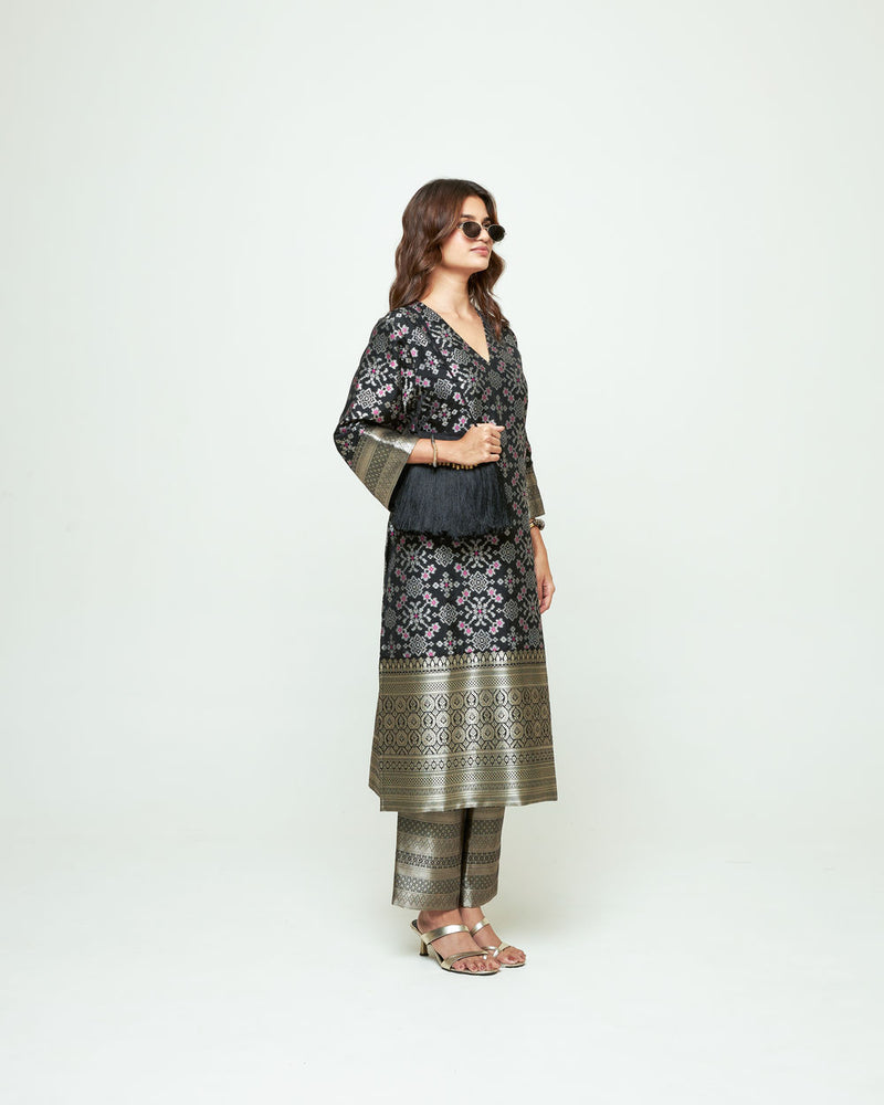 Meena-Black Brocade Long Kurta Set silk, organza kurta/kurta set by SOBARIKO in black for women Worldwide
