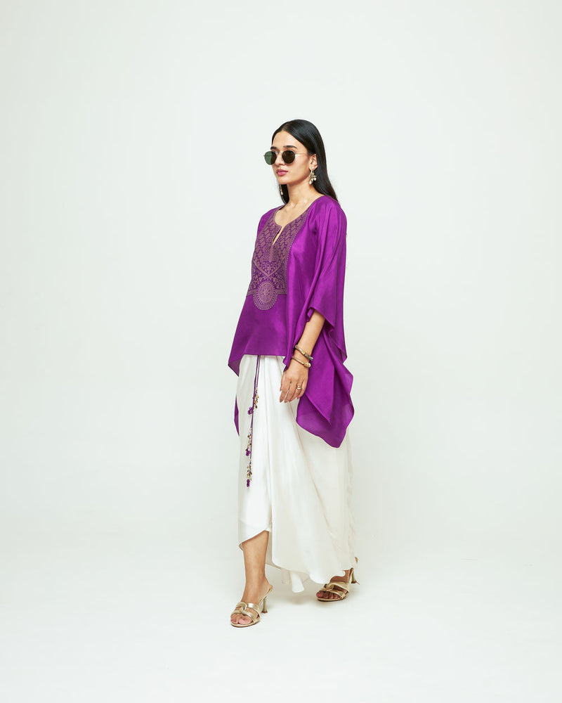 Ashi-Statement Kaftan With Skirt-Purple silk, modal satin indo-western by SOBARIKO in purple, ivory for women Worldwide