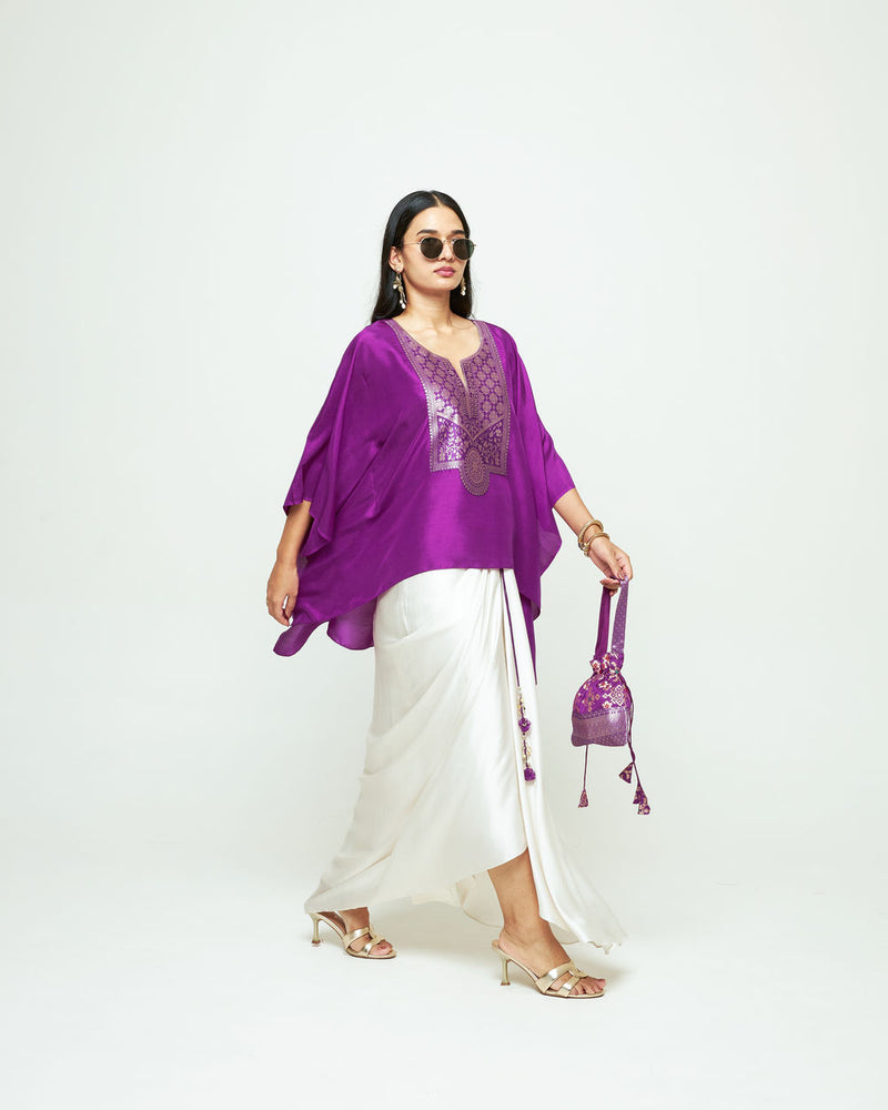 Ashi-Statement Kaftan With Skirt-Purple silk, modal satin indo-western by SOBARIKO in purple, ivory for women Worldwide