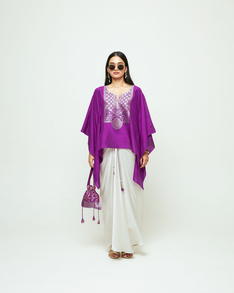 Ashi-Statement Kaftan With Skirt-Purple silk, modal satin indo-western by SOBARIKO in purple, ivory for women Worldwide