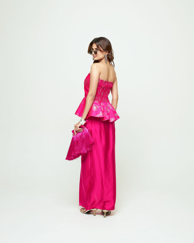 Rosa-Brocade Peplum Draped Skirt Set-Pink silk, modal satin indo-western by SOBARIKO in pink for women Worldwide