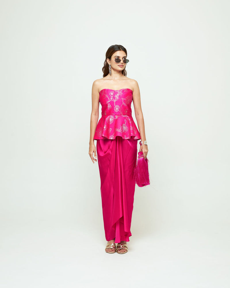Rosa-Brocade Peplum Draped Skirt Set-Pink silk, modal satin indo-western by SOBARIKO in pink for women Worldwide