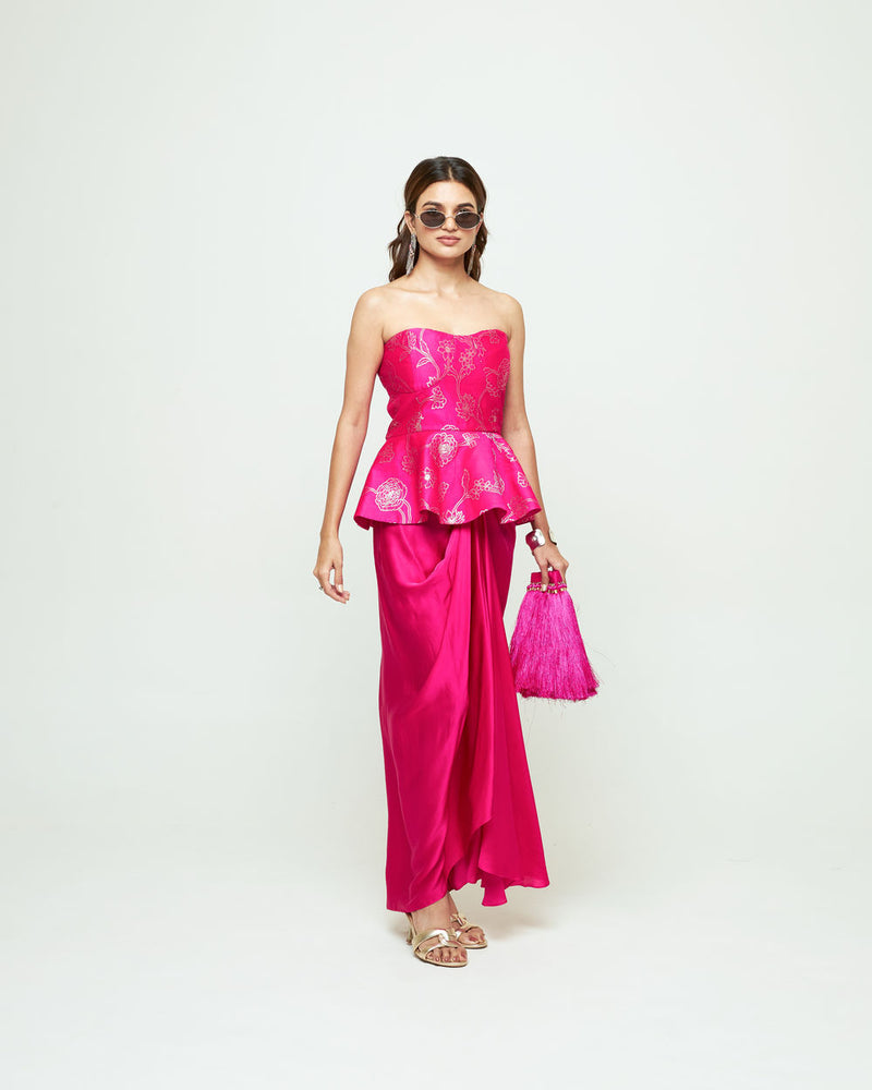 Rosa-Brocade Peplum Draped Skirt Set-Pink silk, modal satin indo-western by SOBARIKO in pink for women Worldwide