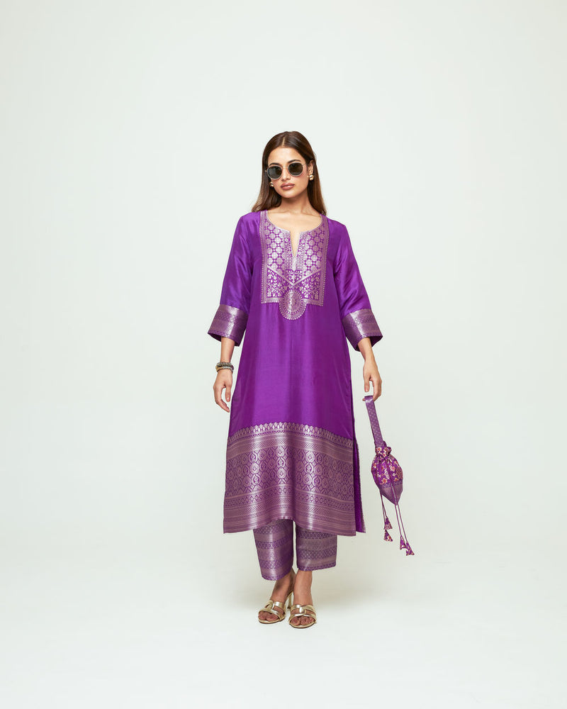 Meher Purple Tunic Set silk ,organza kurta/kurta set by SOBARIKO in purple for women Worldwide