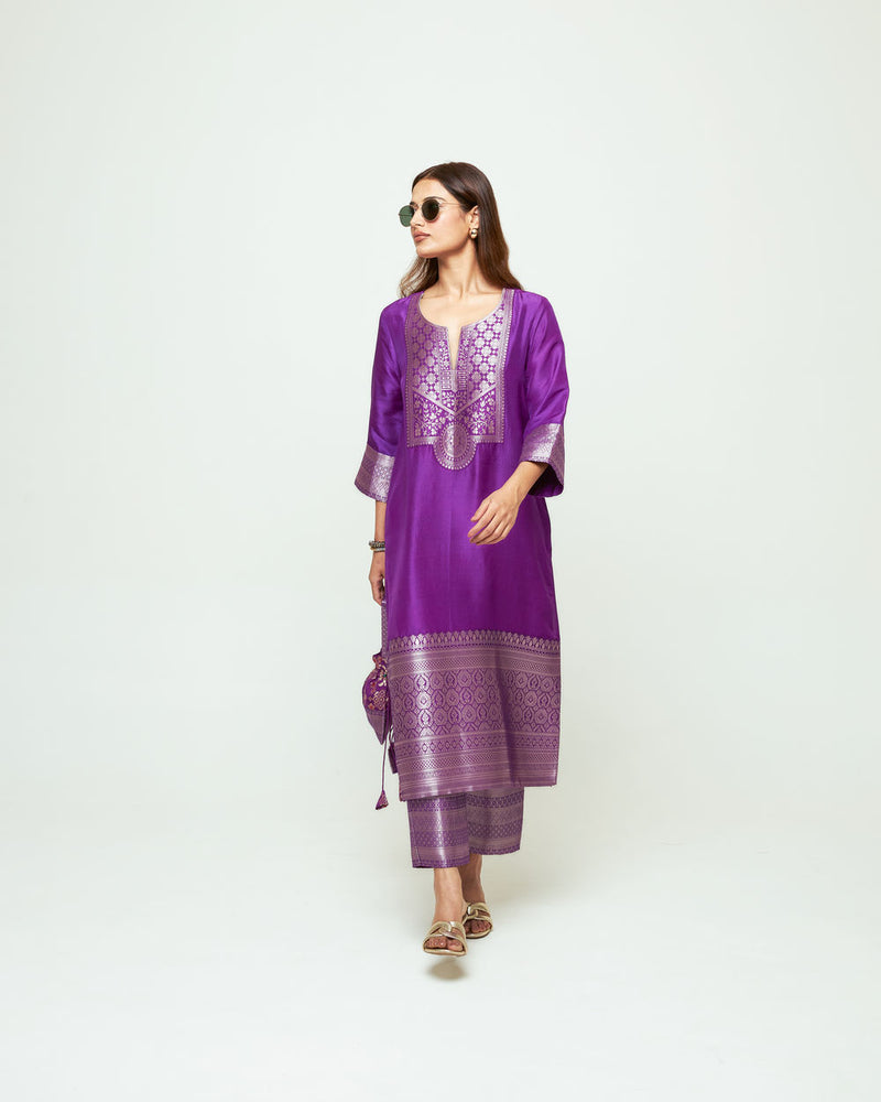 Meher Purple Tunic Set silk ,organza kurta/kurta set by SOBARIKO in purple for women Worldwide