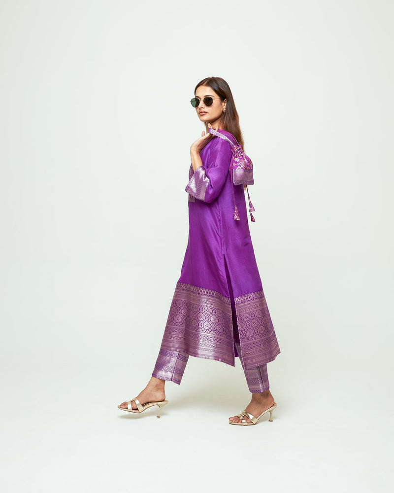 Meher Purple Tunic Set silk ,organza kurta/kurta set by SOBARIKO in purple for women Worldwide