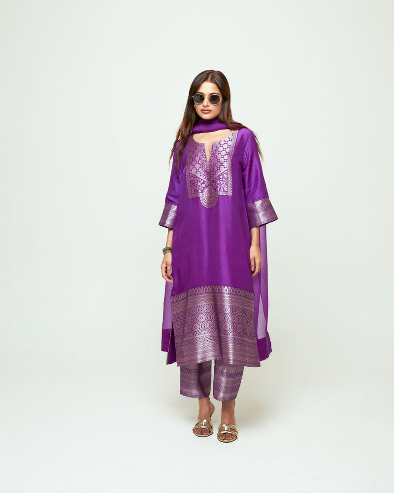 Meher Purple Tunic Set silk ,organza kurta/kurta set by SOBARIKO in purple for women Worldwide