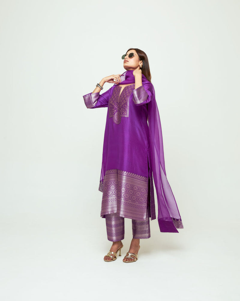 Meher Purple Tunic Set silk ,organza kurta/kurta set by SOBARIKO in purple for women Worldwide