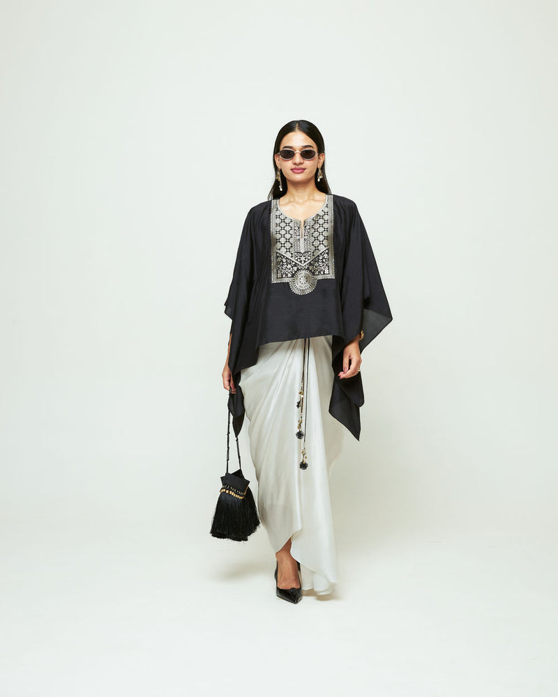 Ashi-Statement Kaftan With Skirt-Black silk, modal satin indo-western by SOBARIKO in black, ivory for women Worldwide
