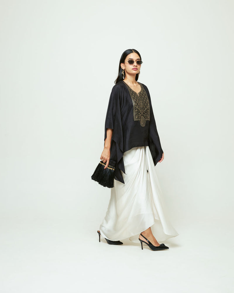 Ashi-Statement Kaftan With Skirt-Black silk, modal satin indo-western by SOBARIKO in black, ivory for women Worldwide