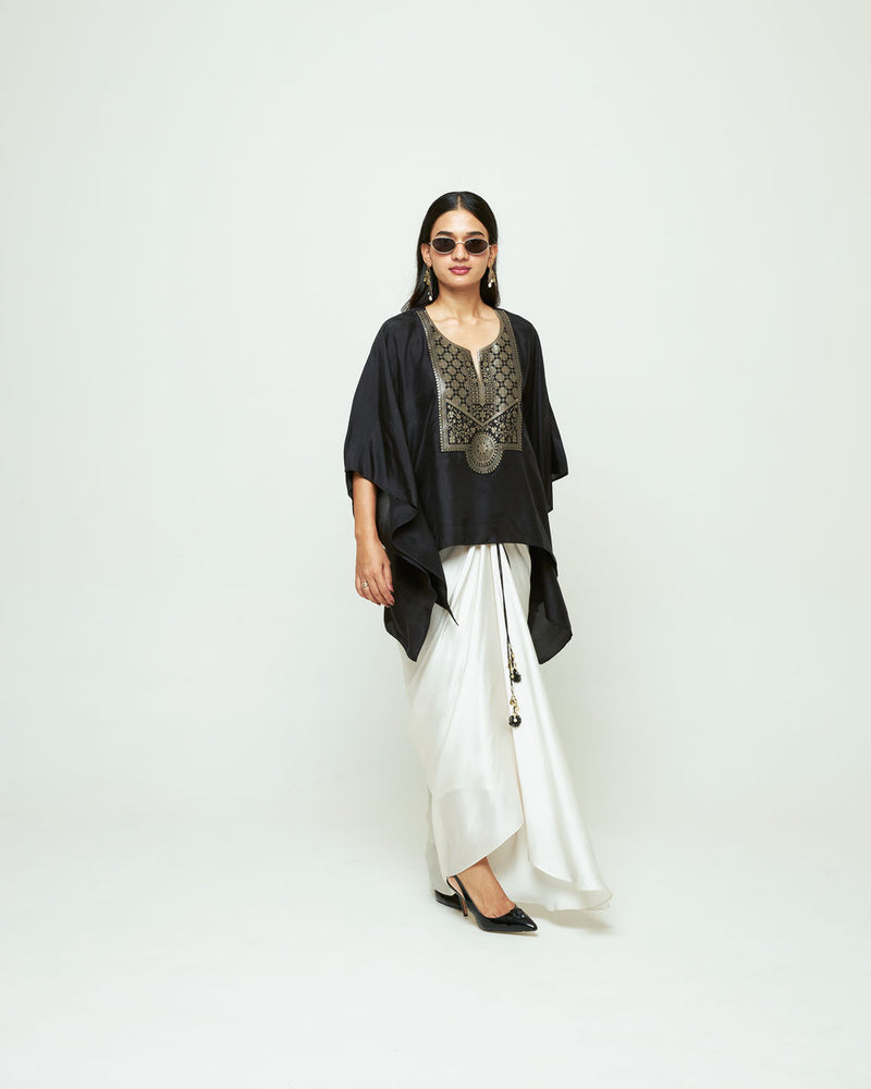Ashi-Statement Kaftan With Skirt-Black silk, modal satin indo-western by SOBARIKO in black, ivory for women Worldwide