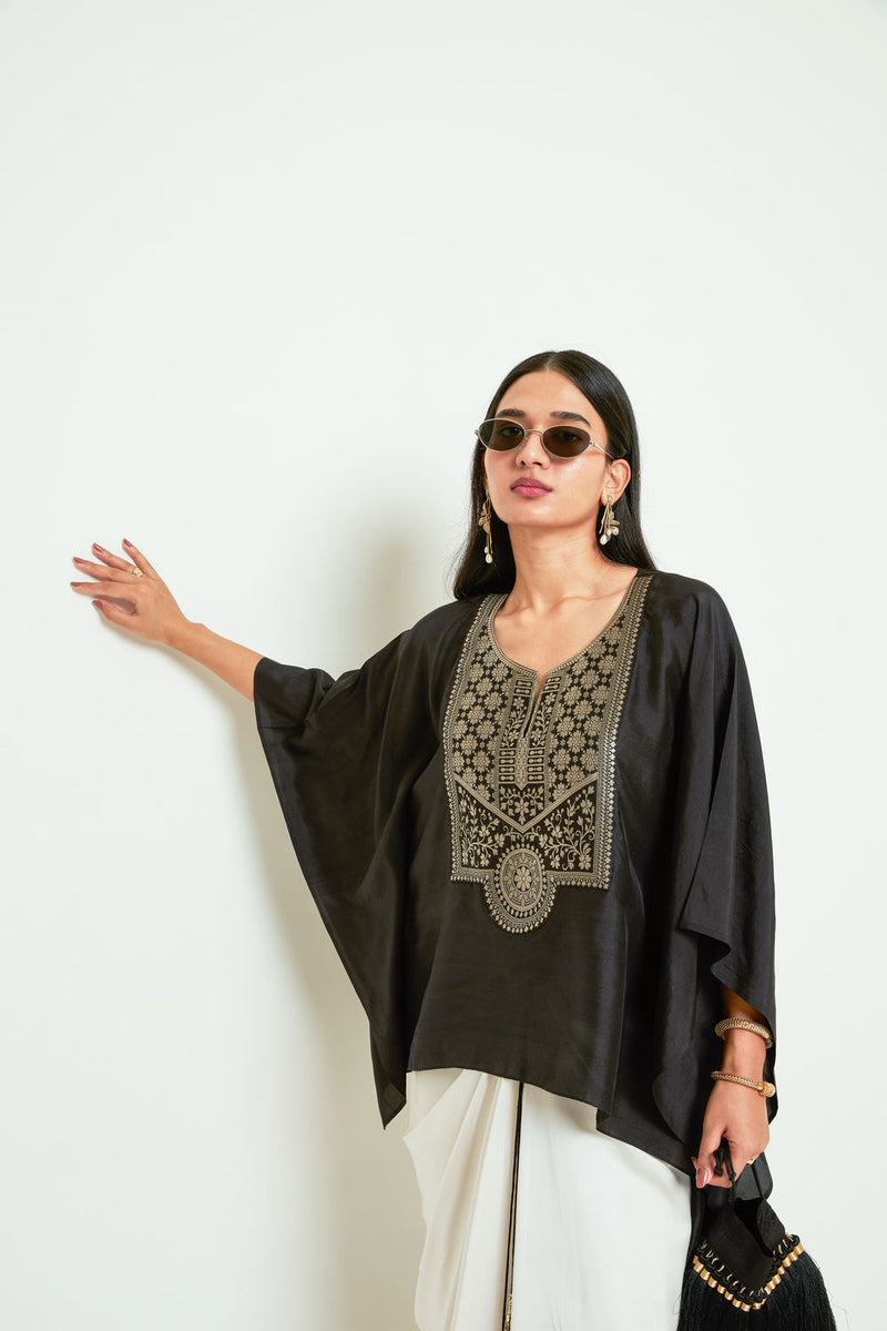 Ashi-Statement Kaftan With Skirt-Black silk, modal satin indo-western by SOBARIKO in black, ivory for women Worldwide