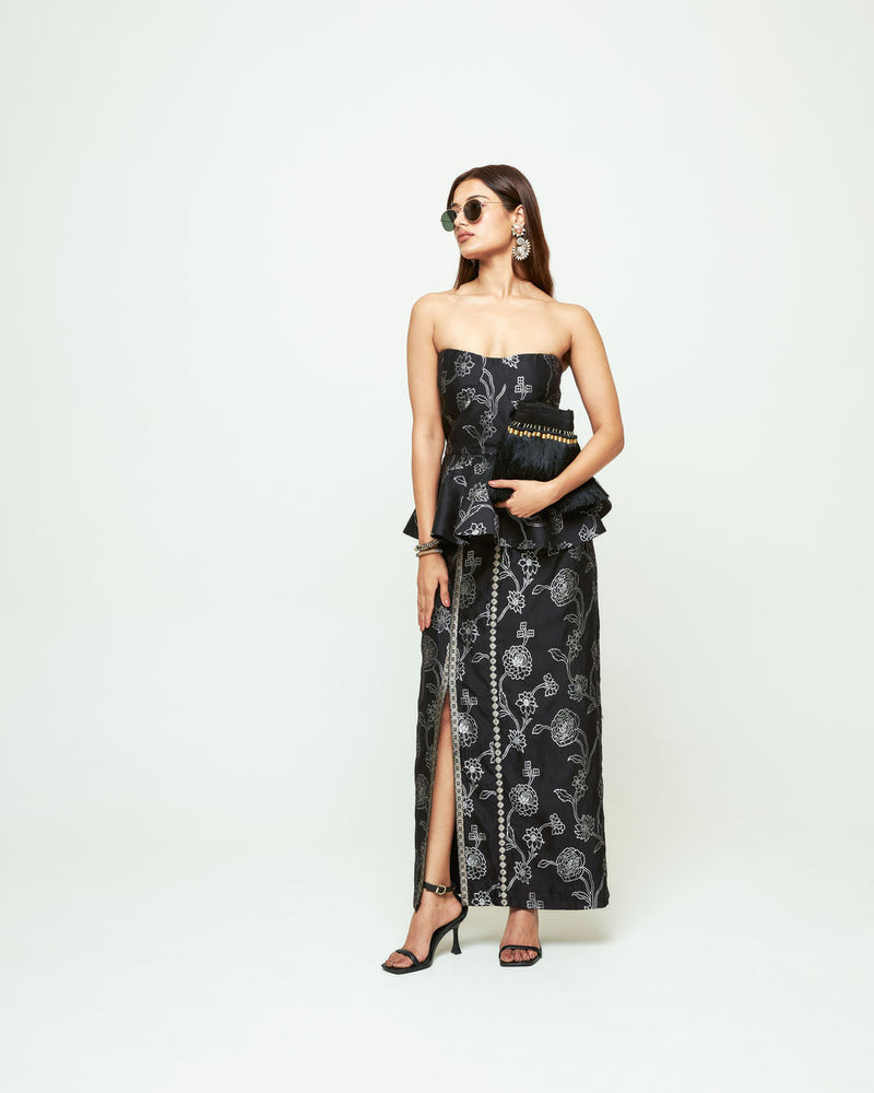 Rosa-Brocade Peplum Skirt Set-Black silk indo-western by SOBARIKO in black for women Worldwide