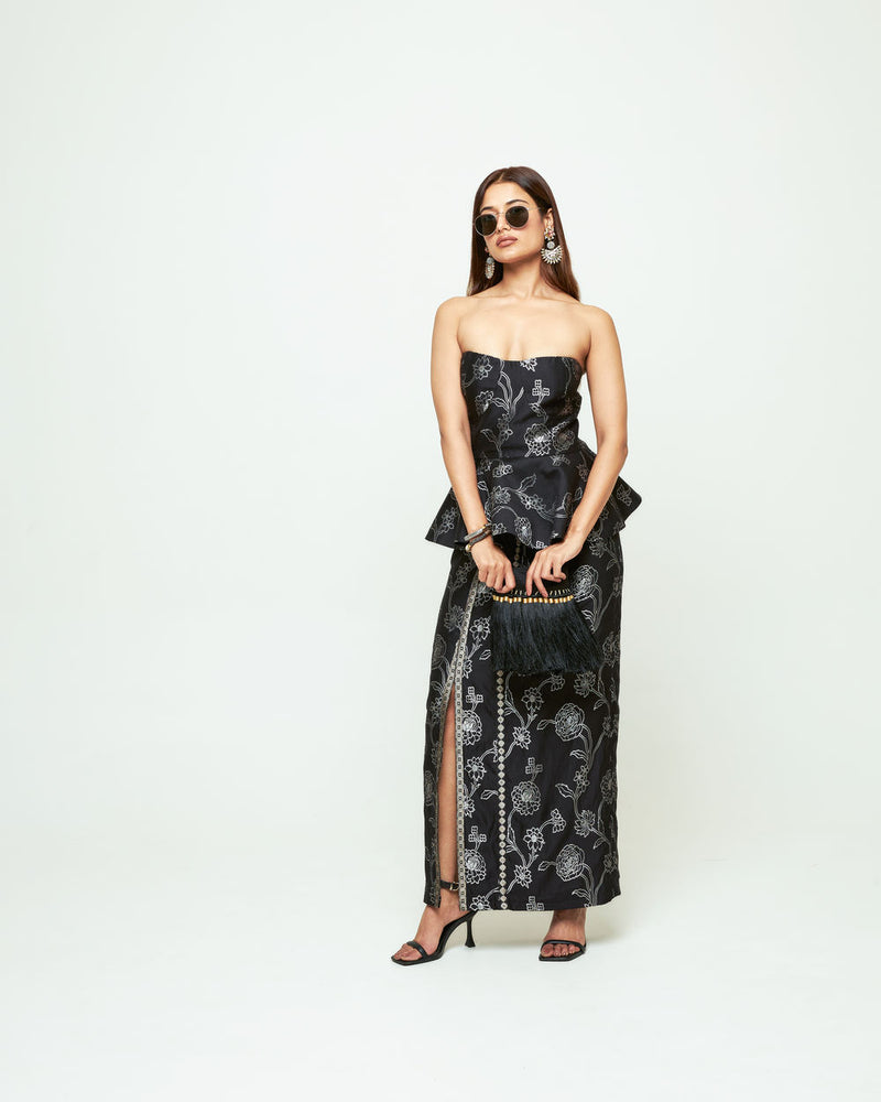 Rosa-Brocade Peplum Skirt Set-Black silk indo-western by SOBARIKO in black for women Worldwide