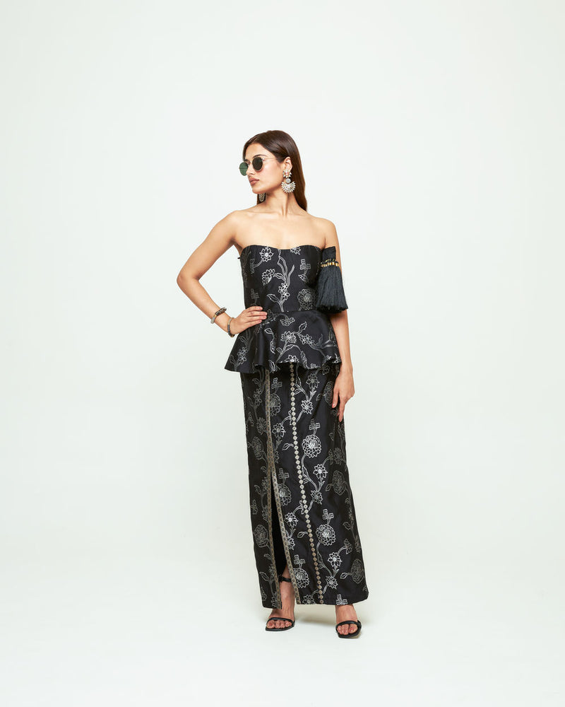 Rosa-Brocade Peplum Skirt Set-Black silk indo-western by SOBARIKO in black for women Worldwide